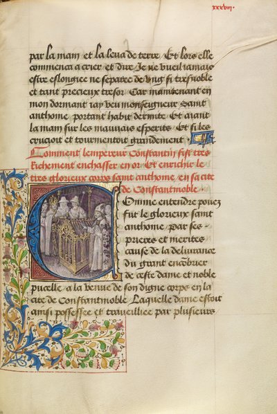 Beginletter C: De keizer van Constantinopel bekrachtigt het lichaam van de heilige Antonius door Master of the Brussels Romuléon