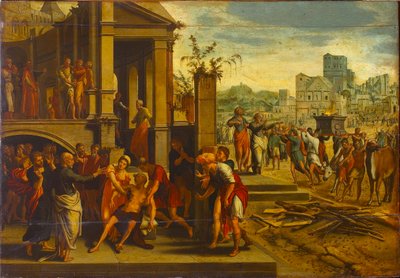 Heiligen Paulus en Barnabas in Lystra, eerste helft van de 16e eeuw door Master of the Budapest Saints Paul