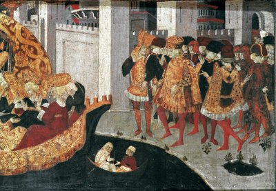 Decameron van Boccaccio (Giovanni Boccaccio): de kasteelheer Pericone verwelkomt Alatiel, dochter van de sultan van Babylon Beminedab en haar gevolg op het eiland Mallorca door Master of the Cassoni