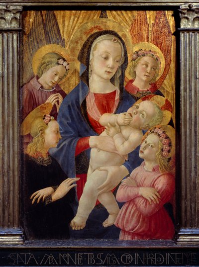 De maagd en het kind omringd door vier engelen door Master of the Castello Nativity