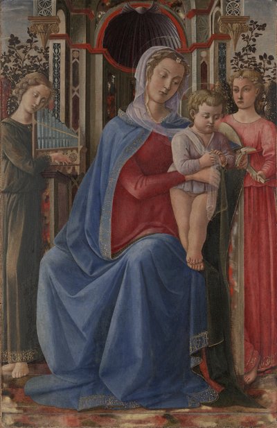 Maagd en kind met twee engelen door Master of the Castello Nativity