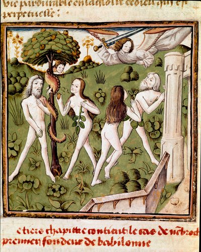 Adam en Eva plukken de verboden vrucht. Miniatuur van de Meester van de Kampioen van Dames (15e eeuw) uit het manuscript 