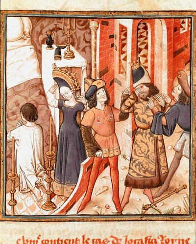 Legende van Jocaste, koningin van Thebe. Oedipus, blind, na het realiseren dat hij zijn eigen vader heeft gedood Miniatuur van de Meester van de Kampioen van Dames (15e eeuw) uit het manuscript 