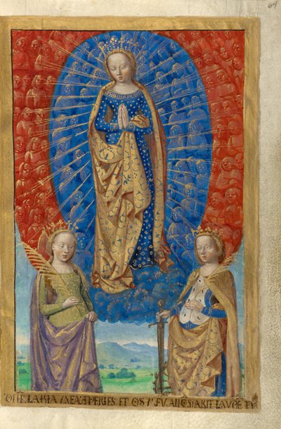 De Maagd in een Wolk van Engelen, met de heiligen Barbara en Catharina door Master of the Chronique scandaleuse