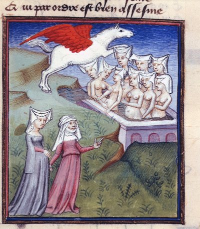 Negen muzen badend, uit de verzamelde werken van Christine de Pisan door Master of the Cité des Dames