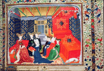 Christine de Pisan presenteert haar boek aan koningin Isabella van Beieren, uit de gedichten van Christine de Pisan, ca. 1410-15 door Master of the Cité des Dames