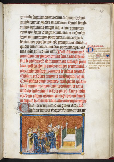 De aartsbisschop van Reims plaatst de kroon op het hoofd van de koning, uit 
