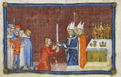 De aartsbisschop van Reims die het zwaard teruggeeft aan de koning, illustratie uit 