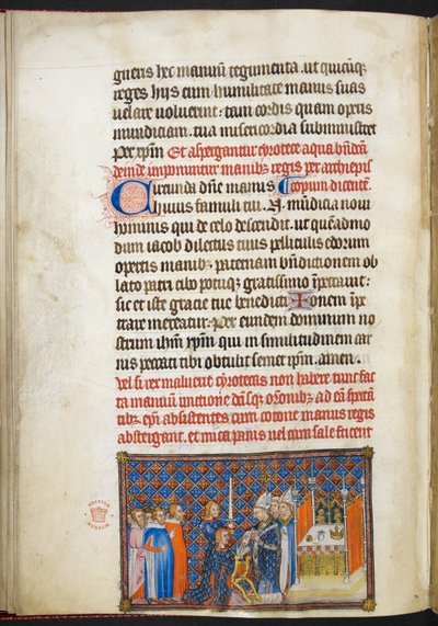 De Aartsbisschop van Reims plaatst de handschoenen op de handen van de Koning (uit 
