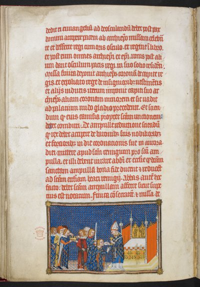 Koning Karel V knielend terwijl de aartsbisschop van Reims de communiewafel in zijn mond plaatst, illustratie uit 
