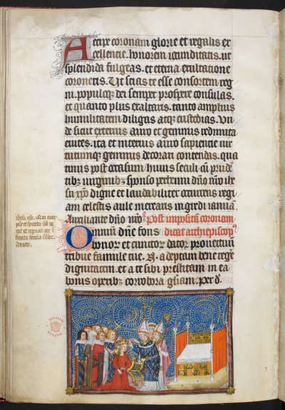 De aartsbisschop van Reims plaatst de kroon op het hoofd van de koningin en de baronnen ondersteunen haar kroon, illustratie uit 