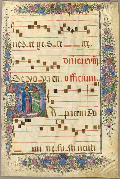 Pagina uit een Koorboek met Christus en een Farizeeër in een Geïllustreerde Initiaal "D" door Master of the Cypresses