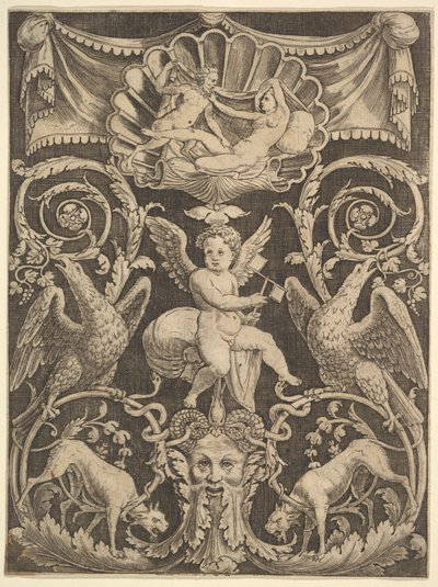 Een paneel met ornamenten met een putto in het midden die een windmolen vasthoudt, 1532 door Master of the Die