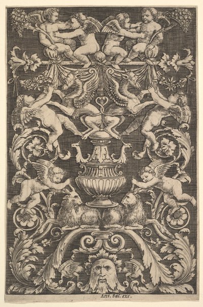 Een paneel van ornament met putti, geit en andere figuren door Master of the Die
