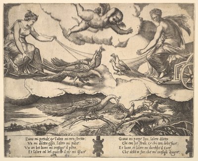 Allegorie van Huwelijk en Liefde, Juno in een wagen getrokken door pauwen links, Venus in een..., 1530-60 door Master of the Die