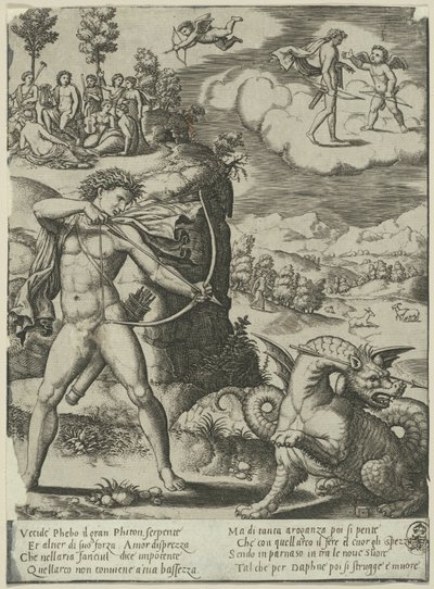 Apollo doodt Python, plaat één uit De geschiedenis van Apollo en Daphne door Master of the Die