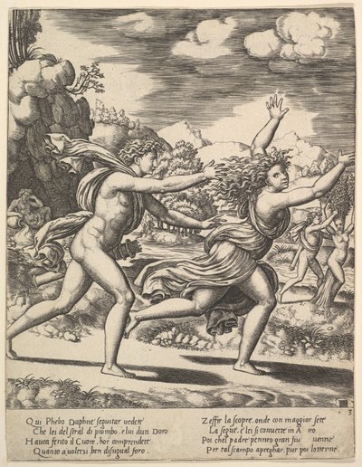 Apollo achtervolgt Daphne die haar armen omhoog gooit, op de achtergrond rechts toont het moment, 1530-60 door Master of the Die