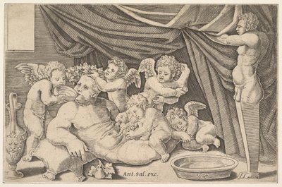 Bacchus omringd door Putti, een standbeeld van Priapus rechts, 1530-60 door Master of the Die