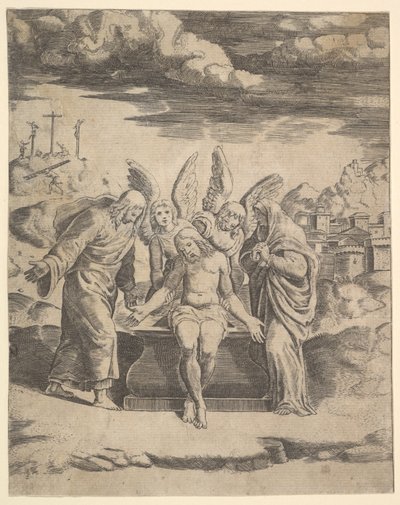Christus zittend op het graf ondersteund door engelen, 1530-60 door Master of the Die