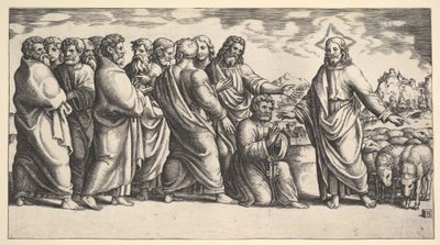 Christus wijst naar een kudde schapen, voor hem knielt St. Peter, 1530-60 door Master of the Die