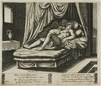Cupido en Psyche samen in het huwelijksbed door Master of the Die