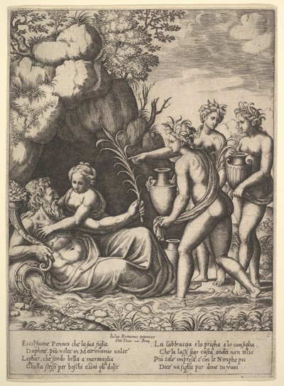 Daphne omhelst haar vader, de riviergod Peneus, links brengen drie nimfen kruiken..., 1530-60 door Master of the Die