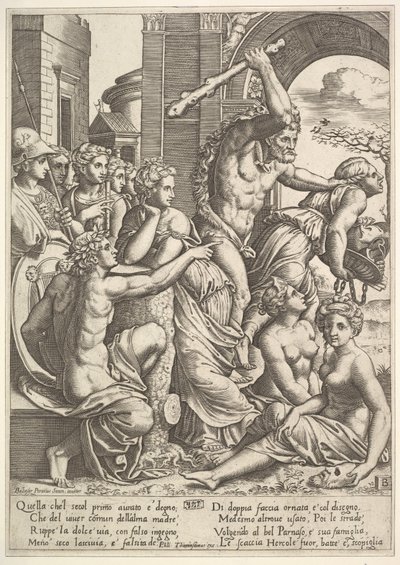 Afgunst of Hebzucht aan de rechterkant wordt uit de tempel van de Muzen verdreven door Hercules die ..., 1530-60 door Master of the Die