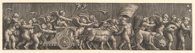 Fries arrangement dat de triomf van de liefde uitbeeldt, Cupido in een wagen getrokken door geiten, man, 1530-60 door Master of the Die