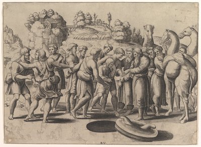Jozef in het midden wordt verkocht door zijn broers die boven een put staan, kamelen rechts, 1533 door Master of the Die