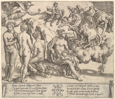 Jupiter valt uit een door paarden getrokken wagen, Ganymedes in de vorm van een adelaar door Master of the Die