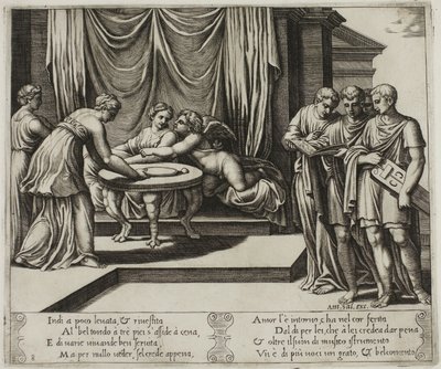 Andere nimfen die Psyche aan tafel bedienen door Master of the Die