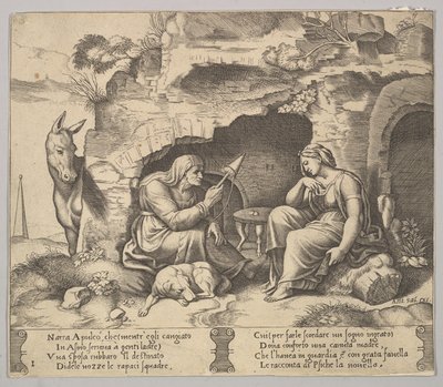 Blad 1: Apuleius veranderd in een ezel die luistert naar het verhaal verteld door de oude vrouw, 1520-70 door Master of the Die