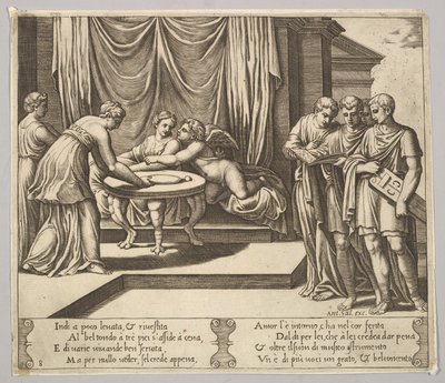 Psyche zittend aan een tafel en bediend door onzichtbare dienaren, Eros naast haar door Master of the Die
