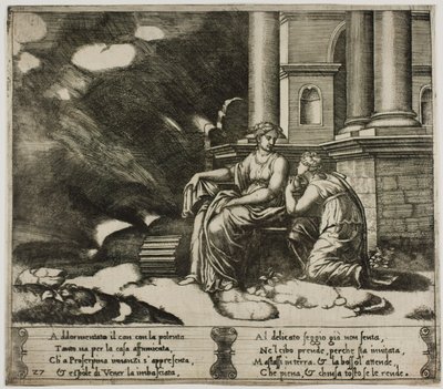 Proserpina geeft Psyche de doos van schoonheid door Master of the Die