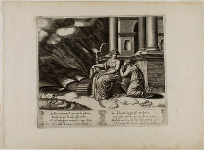 Proserpina geeft Psyche de doos van schoonheid door Master of the Die