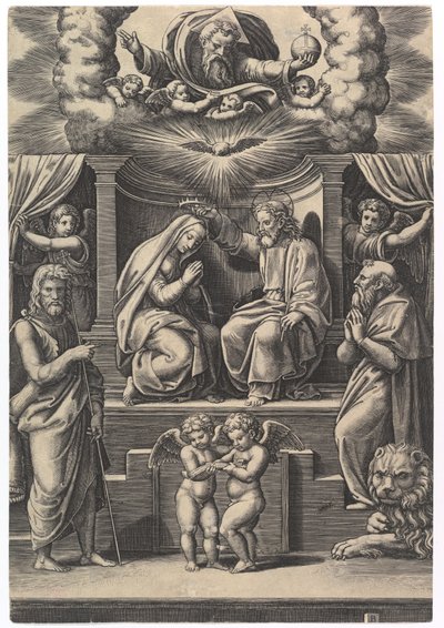 De Kroning van de Maagd, linksonder staat Johannes de Doper, rechtsonder..., 1530-60 door Master of the Die