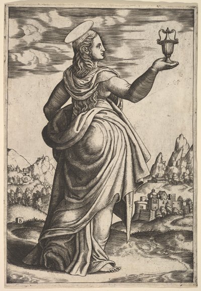 De Magdalena staand naar rechts, pot in haar opgeheven rechterhand, 1530-60 door Master of the Die