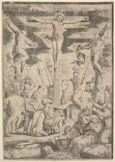 De bekering van de Centurion die zijn armen opent voor Christus aan het kruis, 1532 door Master of the Die