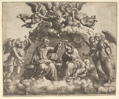 De kroning van de Maagd, Christus houdt de kroon boven haar hoofd, God de Vader zegent..., 1532 door Master of the Die