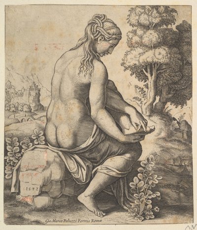 Venus verwijdert een doorn uit haar voet, 1532 door Master of the Die