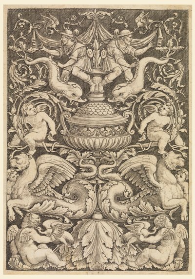 Grotesk met dolfijnen en gevleugelde leeuwen door Master of the Die, Italian or German, 1530 1560