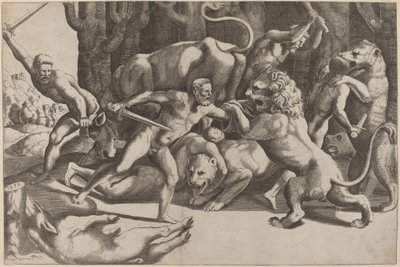 Vijf Mannen die Beesten Vechten door Master of the Die after Giulio Romano