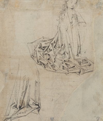 Vrouwelijk figuur knielend in gebed door Master of the Drapery Studies