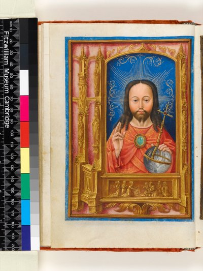 Verlicht Manuscript. Getijdenboek, folio 13 verso: Salve sancta facies, Christus als Salvator mundi met orb en zegenend, architecturale rand met heiligen in nissen en Sint Veronica met de Vernicle, 1510 door Master of the Dresden Prayer Book