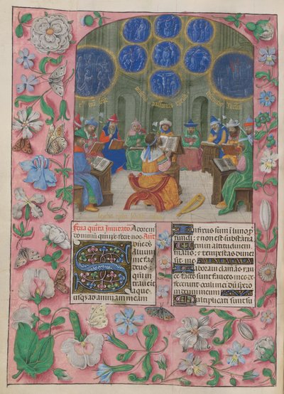 David en de Tempelzangers. De Psalter. David en de Tempelzangers. De zangers dragen allegorische bloemen, onder visioenen van het Lijden, het lijden van de martelaren en de vernietiging van Jeruzalem. Davids harp ligt naast hem. door Master of the Dresden Prayer Books