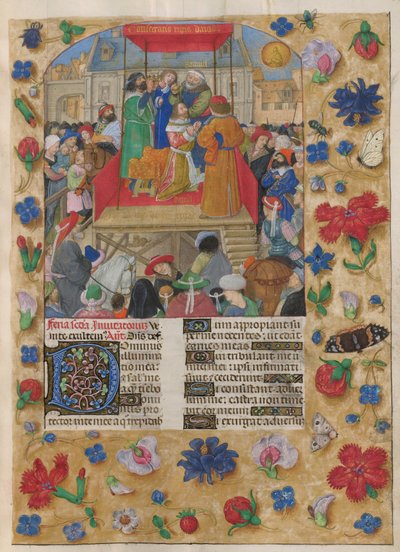 David gekroond tot koning van Israël. De Psalter. Saul zalft David en de kroning van David als koning van Israël. Psalm 26, beginnend met versierde initiaal 