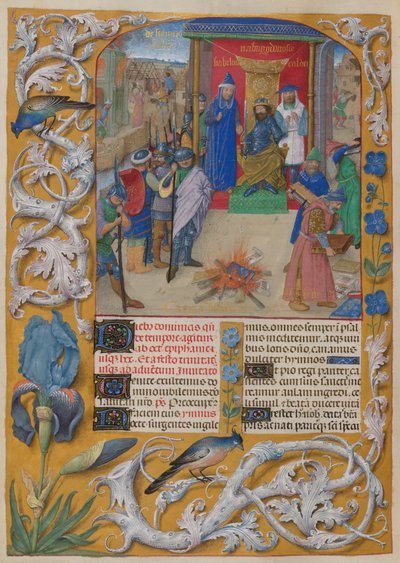 Nebukadnezar verbrandt de boeken. Psalter. Nebukadnezar zit de verbranding van boeken voor bij de vernietiging van Jeruzalem. Psalm 1. Rand van trompe l