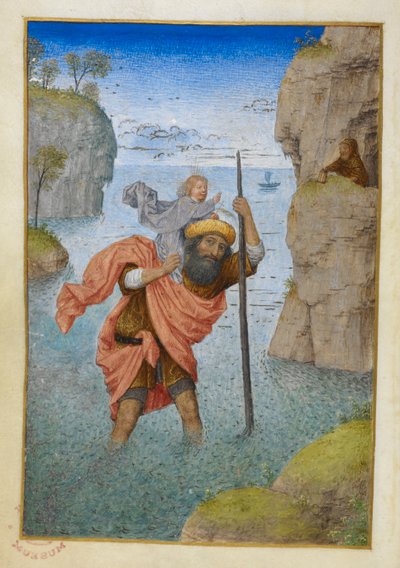 Sint Christoffel die het Christuskind draagt door Master of the Dresden Prayer Books