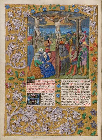 Temporale (1e deel: van Eerste Zondag van Advent tot Stille Zaterdag). De Kruisiging (Goede Vrijdag). Rand met bloemendecoratie. Twee kolommen tekst met twee initialen. door Master of the Dresden Prayer Books