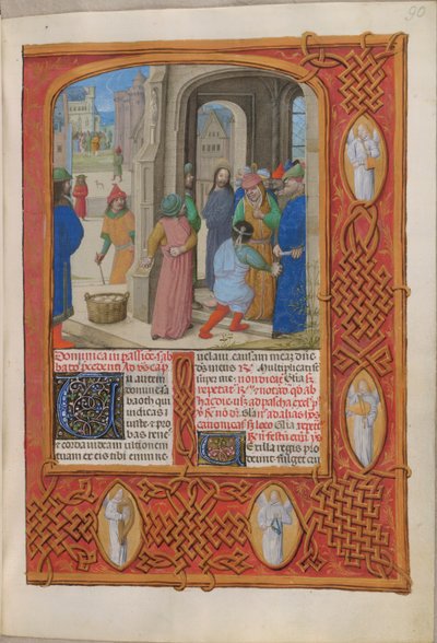 Temporale (1e deel: van Eerste Zondag van Advent tot Stille Zaterdag). De Joden dreigen Christus te stenigen voor godslastering in de Tempel van Salomo (Passiezondag). Rand met engelen. Twee kolommen tekst. door Master of the Dresden Prayer Books